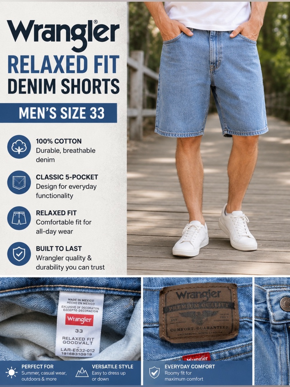Wrangler Relaxed Fit Denim Shorts Men’s Size 33 Light Wash Jean Shorts Casual